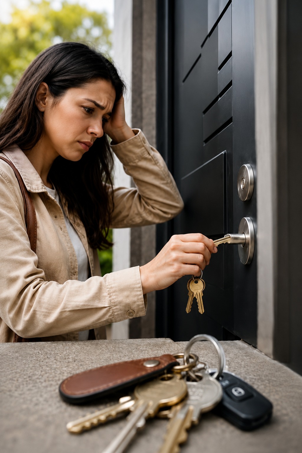 Persona buscando sus llaves frente a una puerta